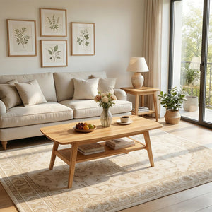 English Elm Mid Century Modern Solid Oak Two Tier Coffee Table with Open Shelf for Living Room Wood W3204P469106
