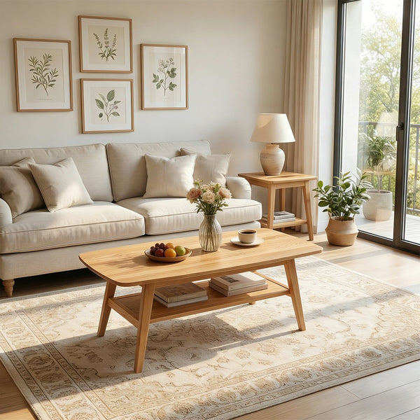English Elm Mid Century Modern Solid Oak Two Tier Coffee Table with Open Shelf for Living Room Wood W3204P469106