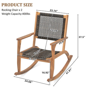 English Elm Go Acacia Wood Outdoor Rocking Chair Set Two Pe Wicker Seats for Patio Porch Dark Brown N704P245214D