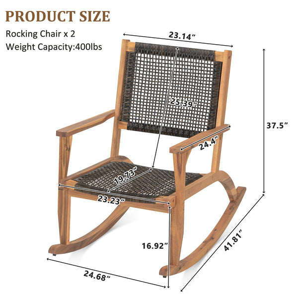 English Elm Go Acacia Wood Outdoor Rocking Chair Set Two Pe Wicker Seats for Patio Porch Dark Brown N704P245214D