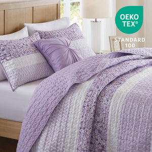 English Elm 4 PCS Full/Queen Seersucker Quilt Set with Throw Pillow – Lightweight Microfiber, Lace Detail, Hypoallergenic B035P366536