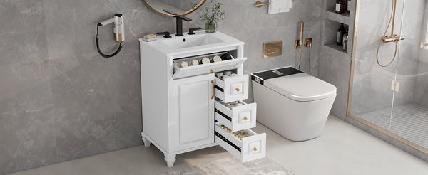 English Elm 24 Inch Freestanding Bathroom Vanity Solid Rubberwood Ceramic Sink Matte Finish Storage White N725P375626K