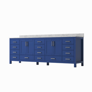 English Elm 96" Freestanding Navy Wood Bathroom Vanity with Carrara Countertop and Ceramic Basin T3785P442234