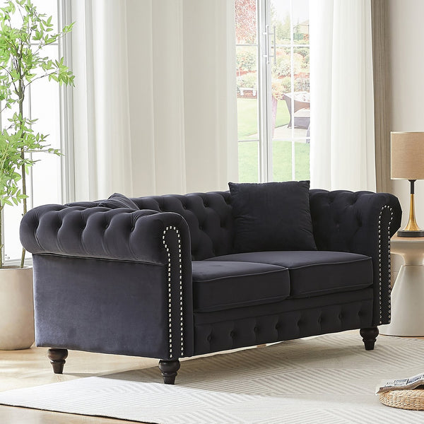 English Elm Fx 63.5" Chesterfield Velvet Sectional Sofa With Nailhead Arms & 2 Pillows - Modern Living Room Elegance W1926S00062