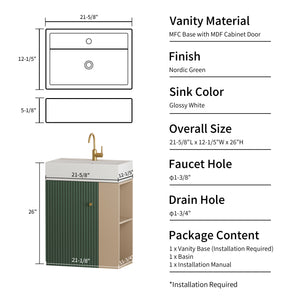 English Elm 21.6" Wall Mounted Sage Green Vanity Ceramic Sink Soft Close Cabinet Copper Hardware W1573S00089