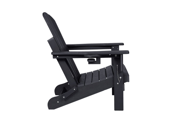 English Elm HDPE Folding Adirondack Chair with Dual Cup Holder, Weatherproof Wood-Texture Comfort & 350lb Capacity Black W2103P254568