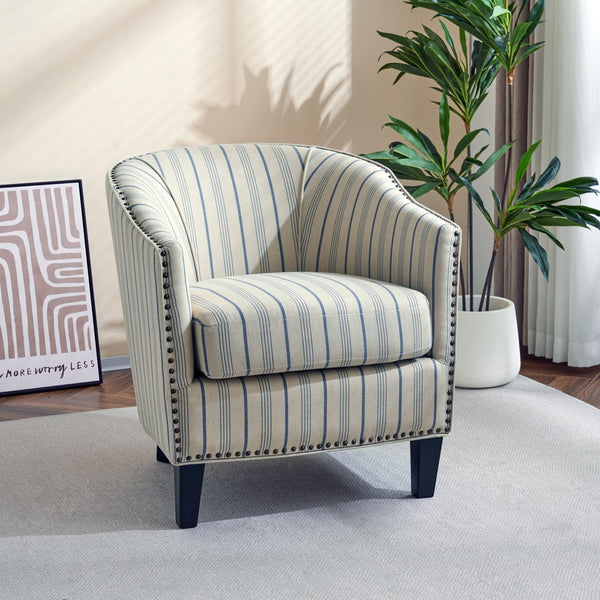 English Elm Christopher Knight Home® - Upholstered Stripe Barrel Chair Beige & Blue Fabric Club Seat with Studs, Plush Cushion, Wood Legs N776P237271S