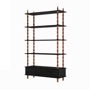 English Elm Bookcase Five Tier Matte Black Solid Wood Veneer Shelving Unit with Base Drawers W2263P434053