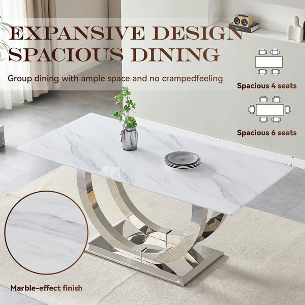 English Elm 69.30 Inch Rectangular Dining Table Marble Pattern Top with Polished Steel Legs Seats Six W3357S00003