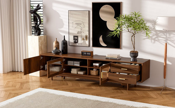 English Elm 78inch Walnut Entertainment Center Fluted Glass Solid Wood Legs Modern Living Room N710P362203P