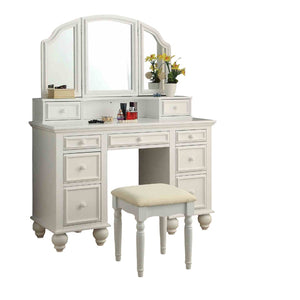 English Elm Transitional Glam Mirrored Vanity with Padded Stool, Spacious Drawers, Central Mirror for Prep and Storage White 51 L x 21 W x 30 H B2741P400803