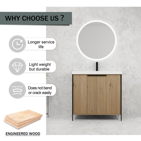 English Elm 36" Freestanding Bathroom Vanity with Resin Sink, Soft-Close Doors, Adjustable Shelf & Metal Handles Light Coffee W999S00296