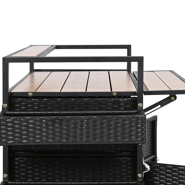 English Elm K&K Wicker Outdoor Grill Cart with Foldable Drop Leaf, Locking Wheels, Wine Rack & Ample Storage Black Brown N707P233747B