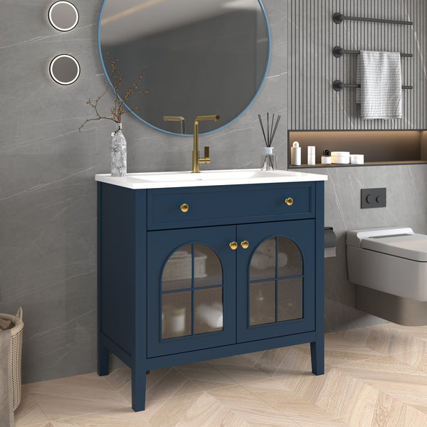 English Elm 35.6" Freestanding Bathroom Vanity with Roman Column Base and Ceramic Integrated Sink Blue W1801S00013