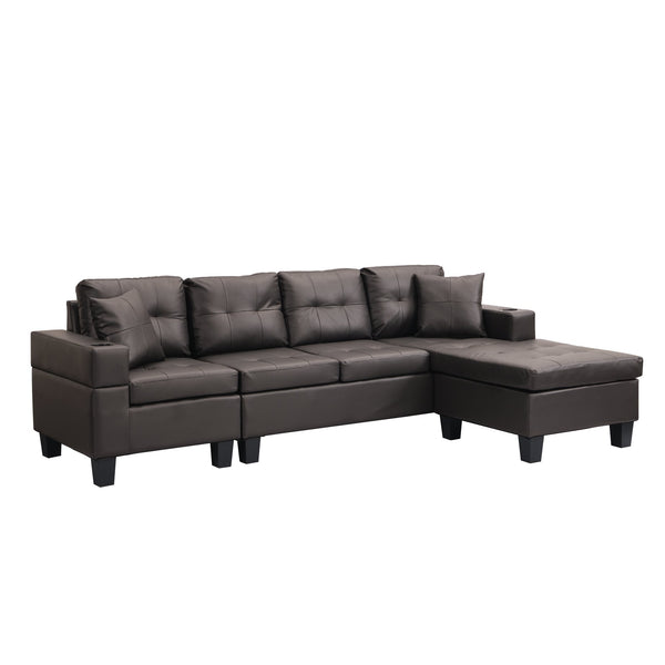English Elm Sectional PU Sofa Set with L-Chaise, Built-In Cup Holders, Thick Foam Cushions, Modern 4-Seater Comfort Dark Brown 57.87 L x 28.35 W x 12.99 H W2297S00004