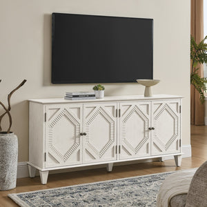 English Elm 65.2" Mid Century Sideboard Buffet with Fluted Geometric Doors, Spacious Adjustable Shelves & Brass Accents Antique White W1801P346230