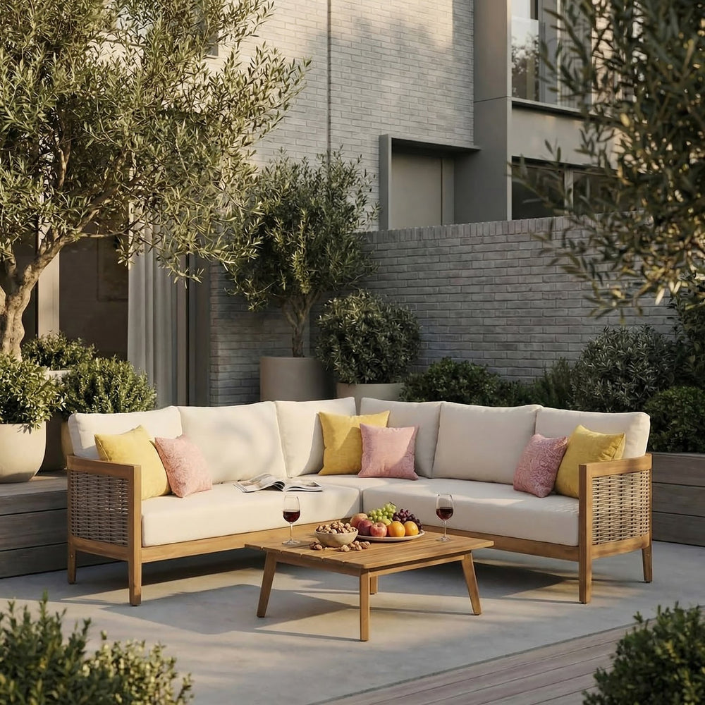 English Elm Brooklyn Outdoor 4 Piece Acacia Wood Sectional Set with Beige Cushions Teak Finish N773OS00113B