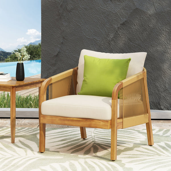 English Elm Christopher Knight Home® - Set of 2 Acacia Wood Outdoor Club Chairs with Wicker, Teak Finish & Beige Cushions, Deep Seat Comfort 72409.00LBGE-2