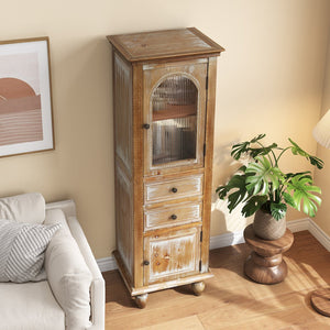 English Elm Farmhouse Freestanding Linen Cabinet Reeded Glass Arched Door Distressed Wood Storage Ancient White W2295P462956