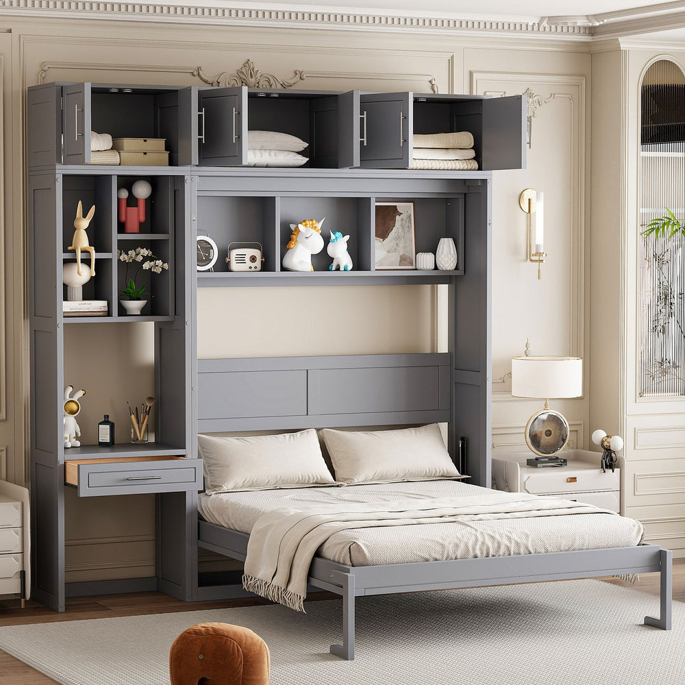 English Elm Queen Murphy Bed with Integrated Desk Cabinet Shelves Space Saving Studio Solution Gray N708S00021E-1