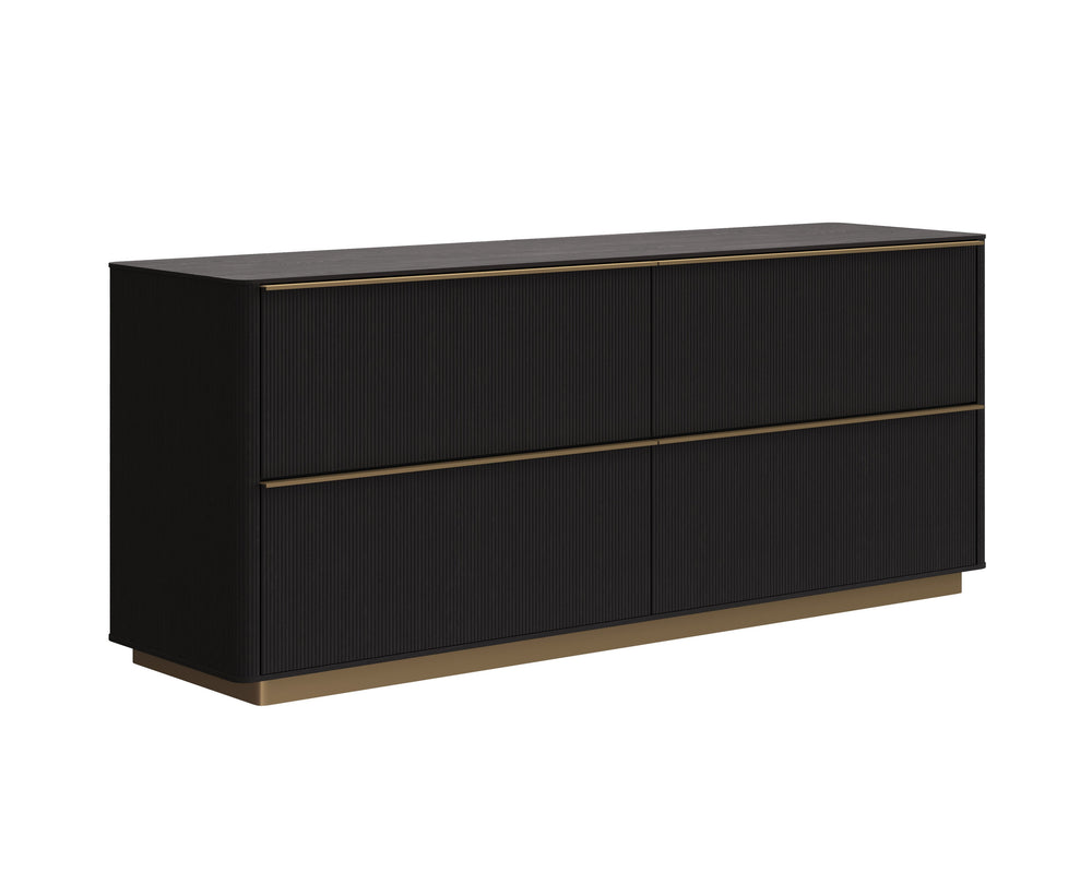 Sunpan Kalla Dresser - Elegant Oak Design with Gold Steel Base, Soft Closing Drawers, and Unique Texture Charcoal