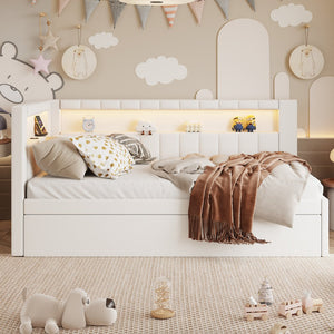 English Elm Upholstered Twin Platform Bed with Trundle, Linen Backrest, Built-In USB Ports & LED Accent Lighting White DL001919AAK