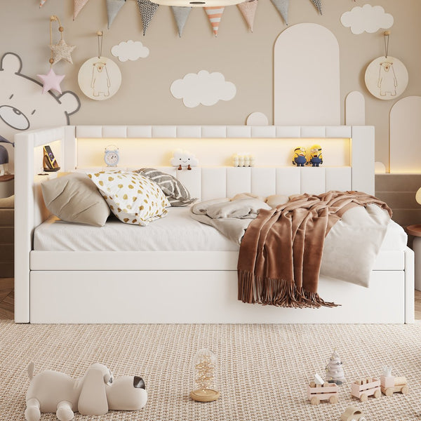 English Elm Upholstered Twin Platform Bed with Trundle, Linen Backrest, Built-In USB Ports & LED Accent Lighting White DL001919AAK