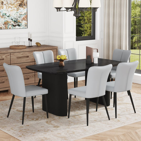 English Elm Table Set: Modern Black Wood Grain Mdf Dining Table With 6 Stylish Light Gray Pu Chairs For Luxury W1151S04184-GIGA