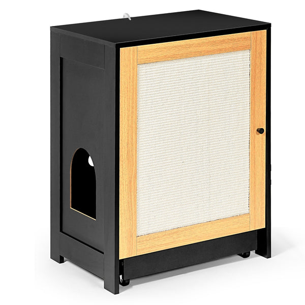 English Elm Cat Litter Box Enclosure Modern Black Litter Cabinet with Sisal Scratching Door, Wheels & Storage W1687P356622