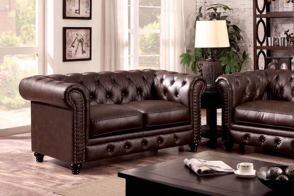 English Elm Contemporary Button-Tufted Loveseat with Nailhead Trim and Rolled Arms in Leatherette, Chic Design Brown 68 L x 30 W x 38 H B2741P322611