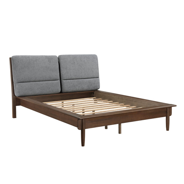 English Elm Walnut Veneer Queen Platform Bed Upholstered Headboard Mid-century Modern Bedroom B011S01613