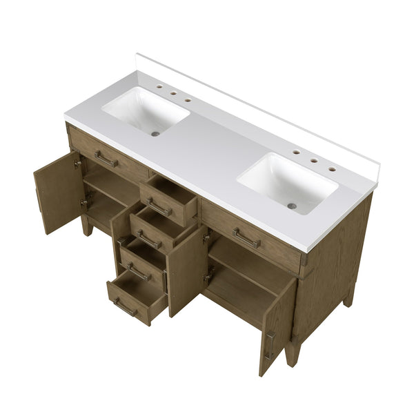 English Elm Grey Oak Double Bath Vanity With White Quartz Top – Stylish 60” W X 22” D, Ample Storage & Soft-Close B2731P259855