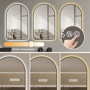 English Elm 28"x48"Arched LED Mirror with Clock & Thermometer, Anti-Fog, Dimmable 3-Color Backlight, Black Frame W2709P242512