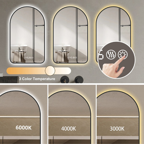 English Elm 32"x60"Arched LED Mirror with Time & Temp Display, Anti-Fog Defog, Dimmable 3-Color Light, Black Frame W2709P329053