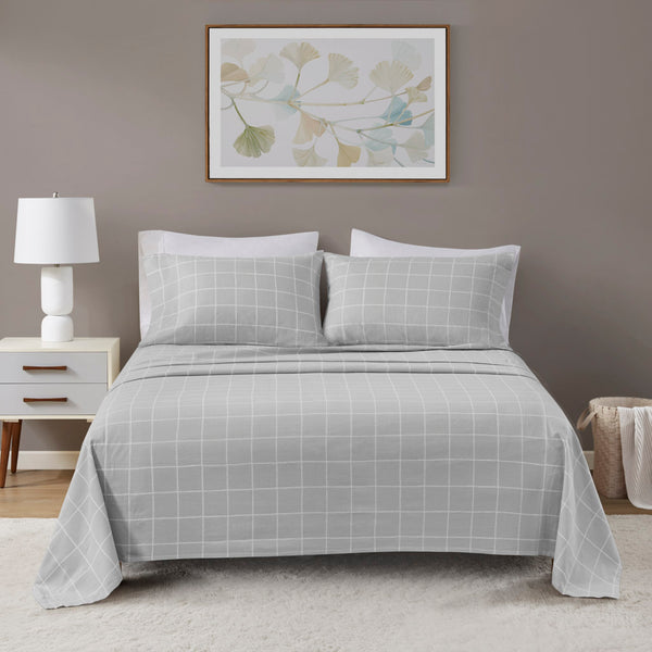 JLA Home Beautyrest - 4 Premium Cotton Flannel Sheet Set Oversized Fit, Brushed Softness, OEKO-TEX Certified Warmth and Comfort Grey Windowpane BR20-1855
