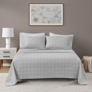 JLA Home Beautyrest - 4 Premium Cotton Flannel Sheet Set Oversized Fit, Brushed Softness, OEKO-TEX Certified Warmth for Winter Bedding Grey Windowpane BR20-1853