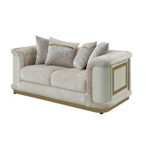 English Elm Bona Art Deco Loveseat Cream Fabric Diamond Panel Gold Rail Base with Toss Pillows B009P417486