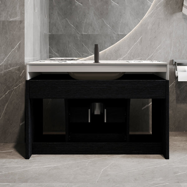 English Elm 29.9" Floating Bathroom Vanity Sintered Stone Top Soft Close Drawers Bronze Gold Hardware Black,Black White W3136S00036