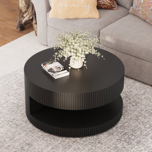 English Elm 31.5'' Round Coffee Table with Hidden Storage and Vertical Stripe Accent, Modern Durable MDF Design Black W757P206007