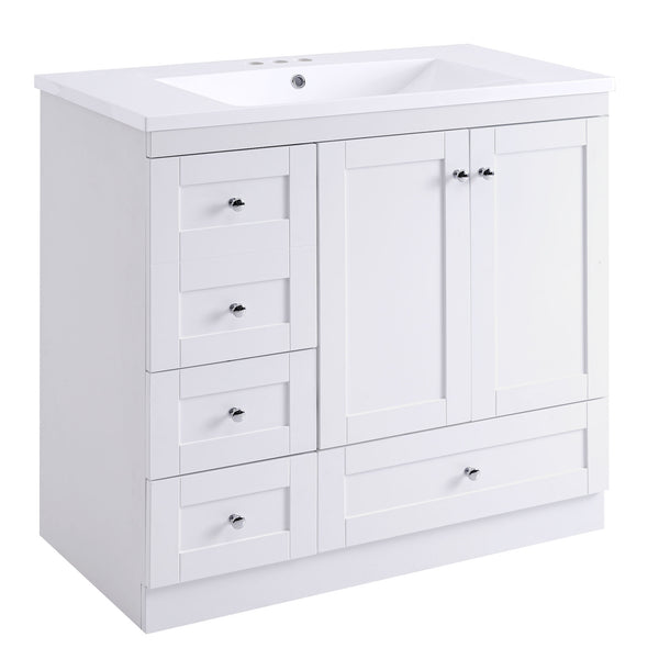 English Elm 36 Inch Shaker Bathroom Vanity with Resin Sink Four Soft Close Drawers Mdf Cabinet White N729P000028K