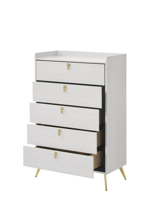 English Elm White Five-Drawer Chest with Metal Legs, Knob Handles, Durable Storage Organizer for Bedroom Elegance B062P209053