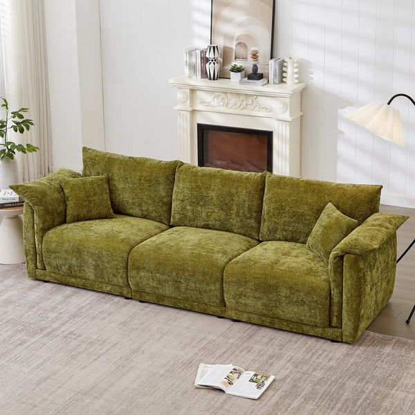 English Elm 98.5" 3-seater sofa with upholstered armrests and plush cushions, modern linen sofa with high weight capacity Green W1193S00142