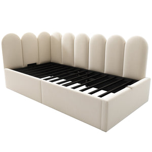 English Elm Upholstered Velvet Daybed with Hydraulic Storage & Metal Slatted Frame, Twin Sofa Bed, 300 lb Capacity Beige N736P333613B