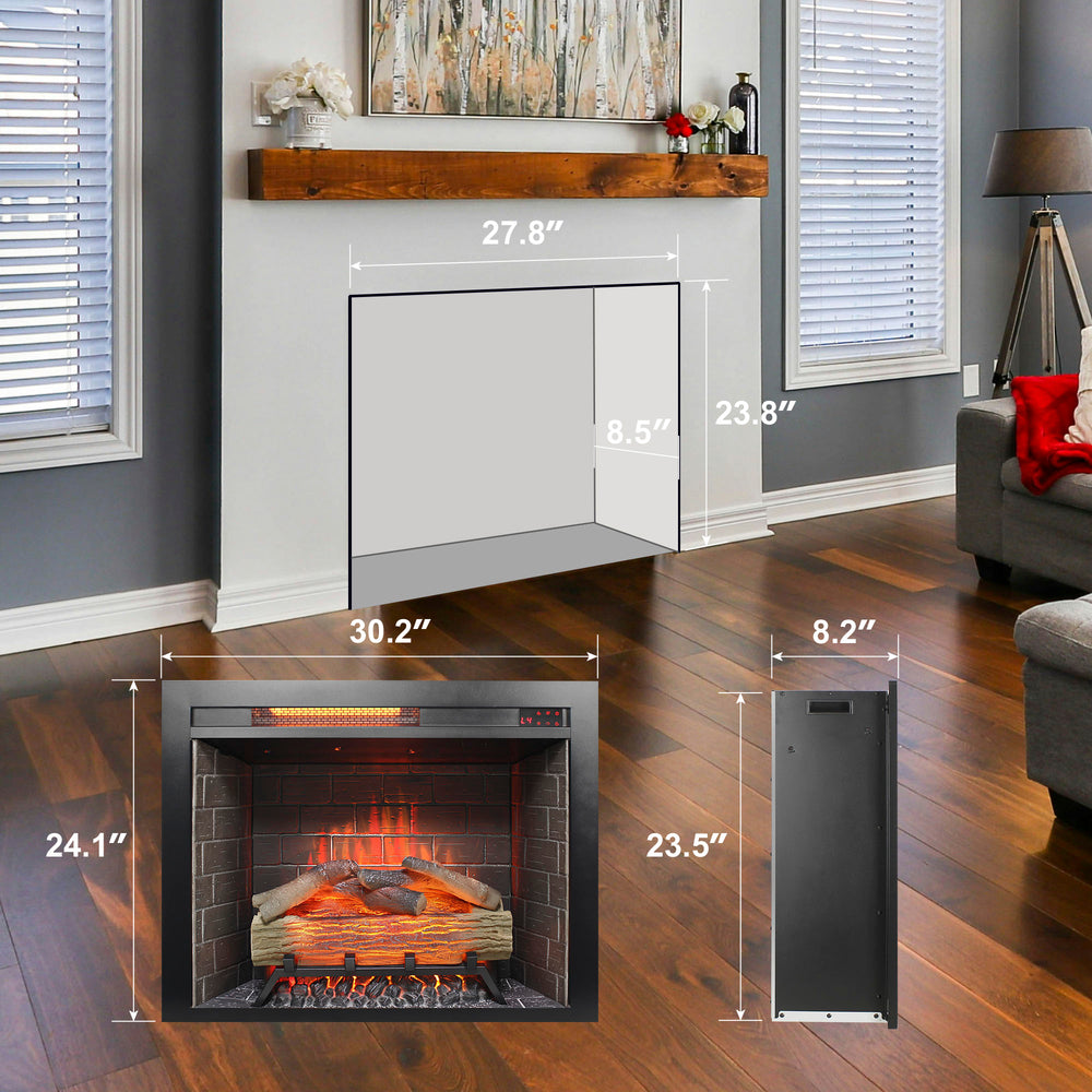 English Elm 28 Inch Recessed Electric Fireplace Insert with 3d Flames Infrared Heat and Sound W1769P191328