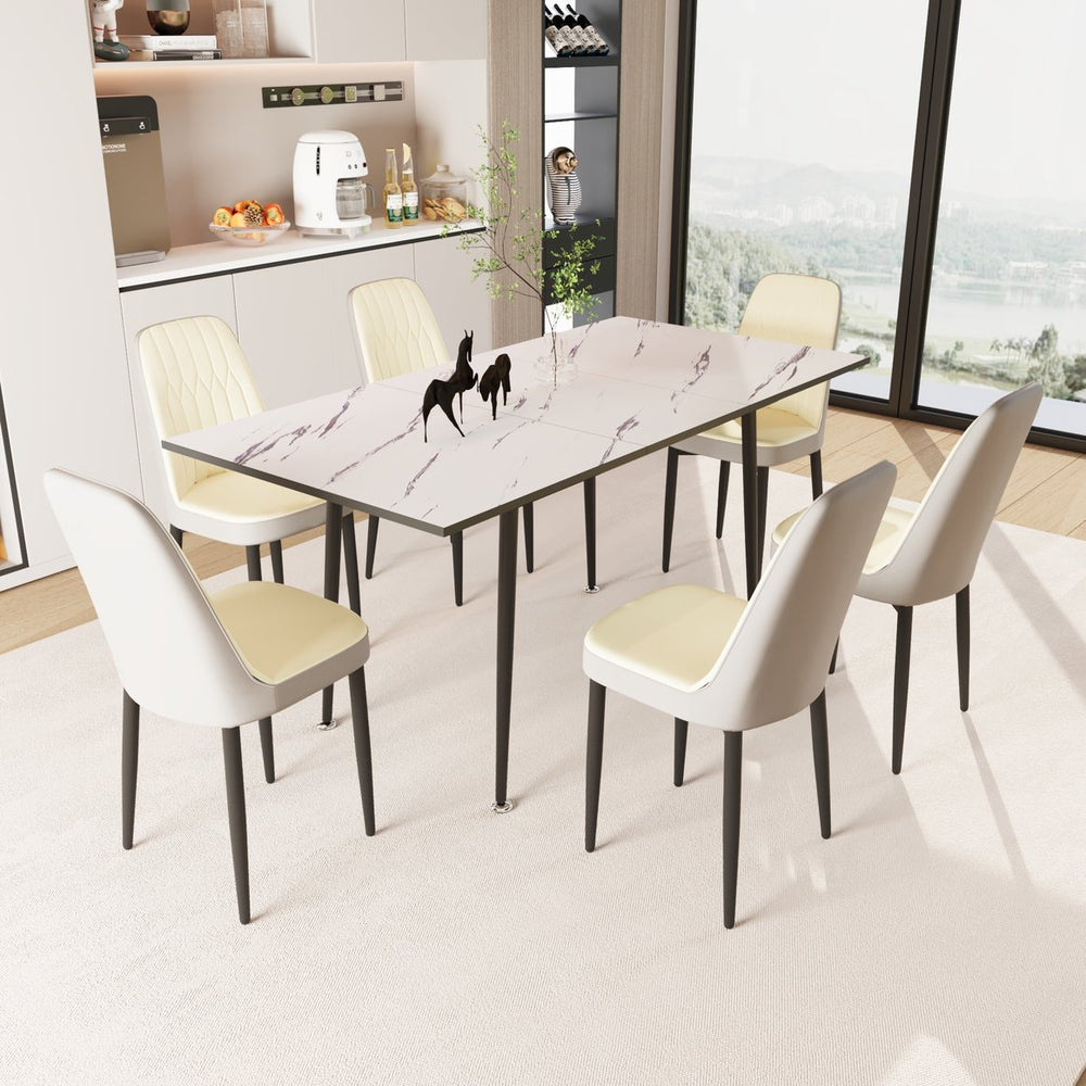English Elm 47"-63" Extendable Dining Set Six Pu Leather Chairs Mdf Top Black Metal Legs Modern Beige Gray+White W2189S00921