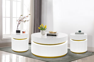 English Elm Tivoli Round Glass Top Coffee Table Set with Led Lighting and Gold Reeded Base B2749S00156