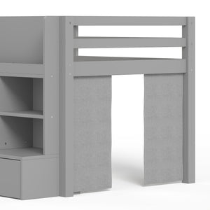 English Elm Twin Xl Low Loft Bed with Curtain Hideaway Chalkboard and Built-in Storage Shelves W1580S00400