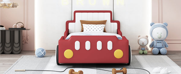 English Elm Twin Race Car-Shaped Platform Bed with Safety Rails and Sturdy Slats for Kids’ Room Comfort Red SF000127AAJ
