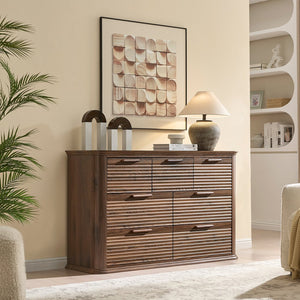English Elm Fluted Wave Panel 7 Drawer Mdf Dresser Modern Bedroom Storage with Tv Stand Top Walnut T5326P425096