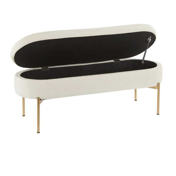 English Elm Contemporary Cream Velvet Storage Bench with Gold Metal Base for Bedroom or Entryway B202P223453